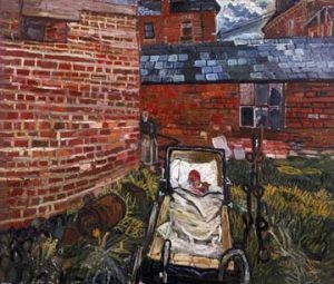 Baby in pram in garden’ by John Bratby
