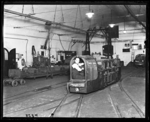 Post Office underground railway - man operating a shunting vehicle, 1935 - Mail Rail