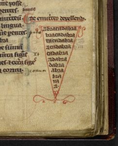 Close-up of the first recorded mention of 'abracadabra', as a cure for malaria, in Quintus Serenus, Liber medicinalis (c) British Library Board