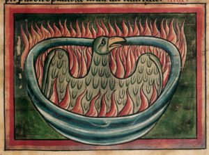 DETAIL - A phoenix rising from the ashes in a 13th-century bestiary (c) British Library