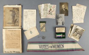 Items belonging to Alice Hawkins. Alice was a machinist at the shoe factory in Leicester. She was a socialist, trade unionist and WSPU campaigner. She was imprisoned five times for her role in WSPU protests.