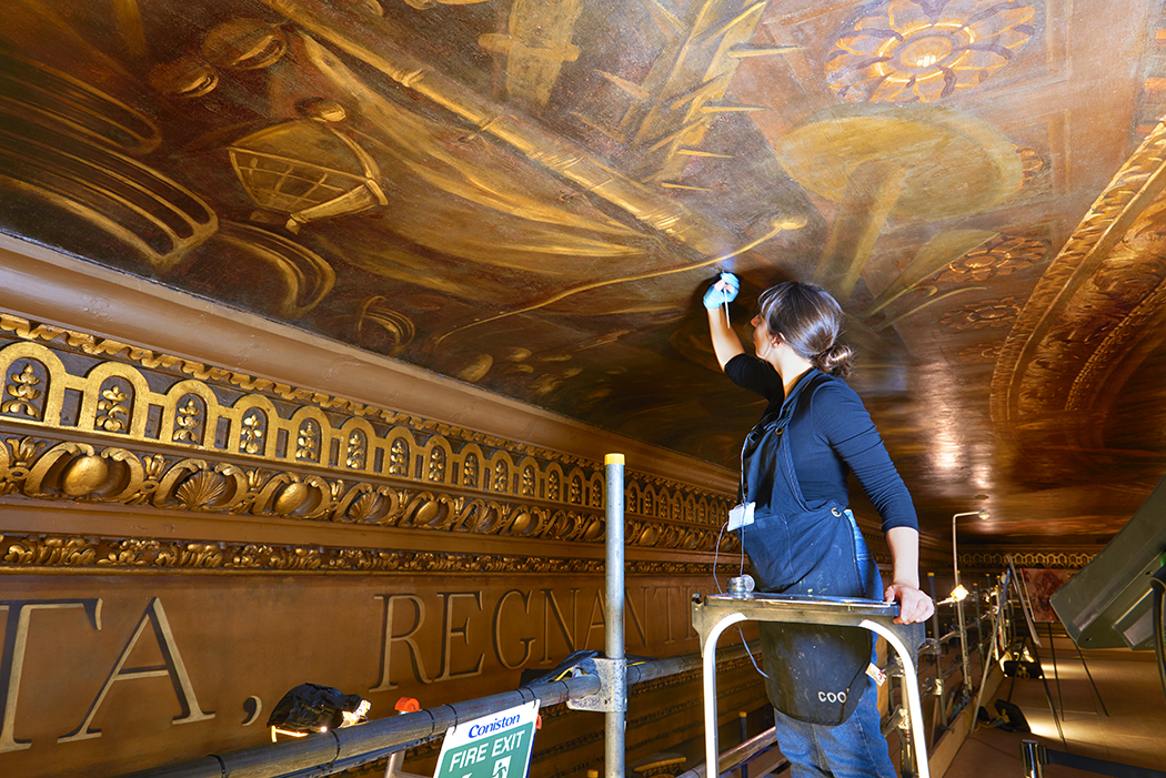 Virginia Nouwen restoring the Painted Hall Ceiling. Photographer coypright Peter Dazeley