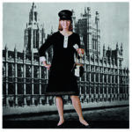 Model wearing Pattern No. 3288, set against the Houses of Parliament