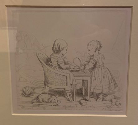 Etching by Prince Albert of their daughter Victoria, Princess Royal, and Albert Edward, Prince of Wales. 1843.
