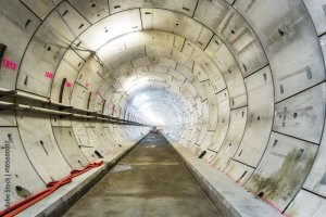 LONDON, 10 APRIL 2015: Section of new rail tunnel, under construction for the London Crossrail Project at North Woolwich, London, England, UK