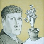 Self Portrait with Hyacinth Pot, 1947-48 (black, white & yellow crayon on paper)