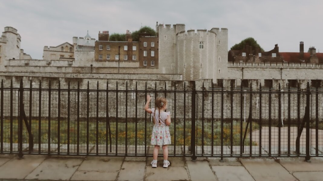 a little girl standing in front of a fence